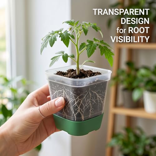 12 Pack 3.2 Inch Square Nursery Pots - Clear Seed Starter Pots, Reusable Seedling Pots with Silicone Base - Clear Plastic