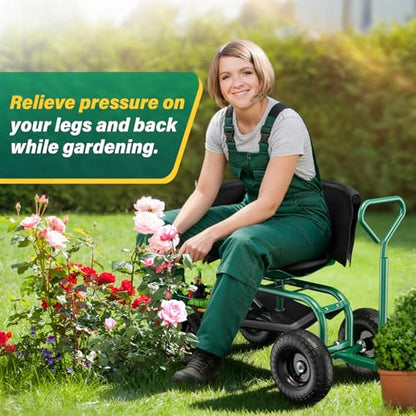 Garden Seat with Wheels, Rolling Garden Stool with Adjustable 360°Swivel Seat - color: Green