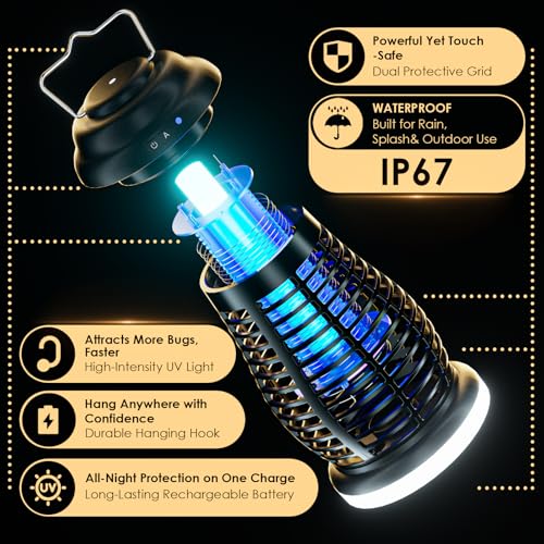 Cordless Bug Zapper Outdoor, 4200V Electric Mosquito Zapper, Fly Trap, Rechargeable Portable Fly Zapper, Waterproof Mosquito Trap Insect Killer Indoor Outdoor for Camping, Garden, Backyard, Home