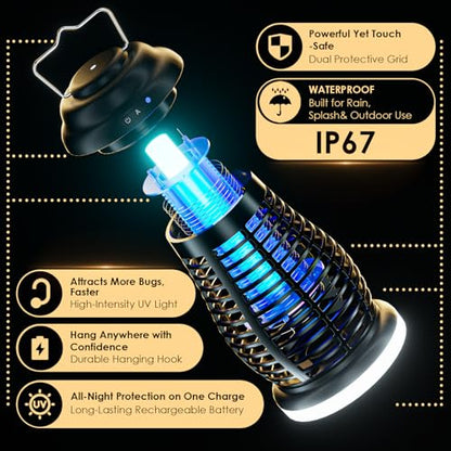 Cordless Bug Zapper Outdoor, 4200V Electric Mosquito Zapper, Fly Trap, Rechargeable Portable Fly Zapper, Waterproof Mosquito Trap Insect Killer Indoor Outdoor for Camping, Garden, Backyard, Home