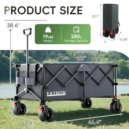 46" L Collapsible Foldable Extended Wagon, 500LB Weight Capacity with 280L Heavy Duty Folding Cart,Utility Wagon with All-Terrain Beach Wheel & Drink Holders,Gray - color: Dark Gray