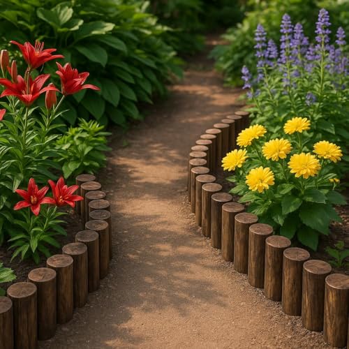 Wood Garden Edging, Natural Wooden Solid Log Fence Border Decorative for Flower Bed Barriers and Landscape Fencing, 6.9 in H x 3.0 ft L, 1.9 in Diameter (2PACK)