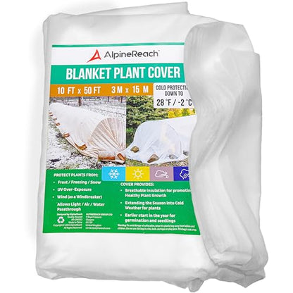 AlpineReach Plant Covers Frost & Sun Protection 10 x 50 ft - Thick 1.2 oz/yd² Freeze Blanket to Low 28 °F Temperatures Floating Row, Garden Fabric Material, Protect in Winter Cold, Gardening Down - size: 10ft x 50ft