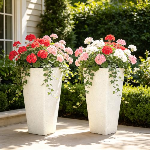 Autodaya 28" Plant Pots Tall Planters for Outdoor Plants Set of 2 with Tray - color: Tall Terrazzo White-28"