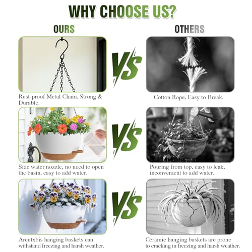 12 Inch Large Self Watering Hanging Planters 2 Pack with Saucers - color: White Brown, size: 12 Inch 2 Pack