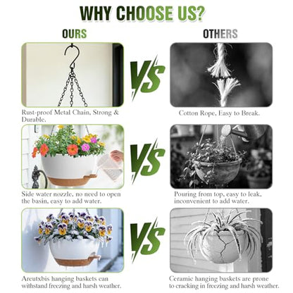 13 Inch Large Self Watering Hanging Planters 2 Pack with Saucers - color: White Brown, size: 13 Inch 2 Pack