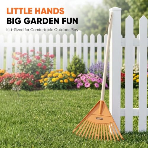 Superio Kids Leaf Rake, 34-Inch Lawn Rake with Hardwood Handle & Durable Plastic Head for Yard, Garden & Leaf Cleanup, Orange, 1 Pack - color: Ogange