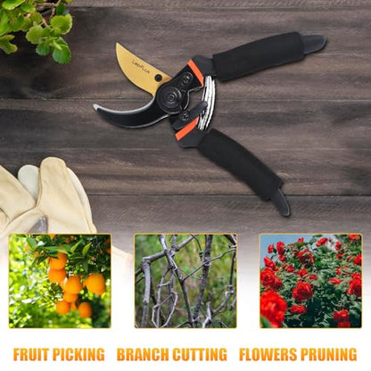 LeafLux Pruning Shears, Professional SK5 Quality Durable Titanium Plated Rust-Proof Bypass Pruning Shears with Soft Cushion Grip Handle, Hand Pruners, Clippers for Gardening, 8 Inch, LFXP1003B