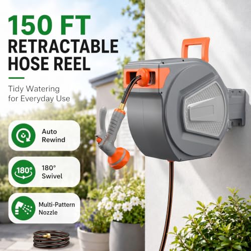 Retractable Garden Hose Reel, 150FT Wall Mounted Auto Rewind Water Hose Reel with 180° Swivel Bracket, Any Length Lock, Kink-Free Hose Guide, Multi-Pattern Spray Nozzle for Yard, Lawn & Outdoor - size: 150 FT