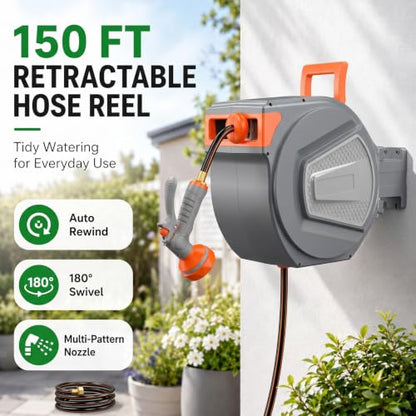 Retractable Garden Hose Reel, 150FT Wall Mounted Auto Rewind Water Hose Reel with 180° Swivel Bracket, Any Length Lock, Kink-Free Hose Guide, Multi-Pattern Spray Nozzle for Yard, Lawn & Outdoor - size: 150 FT