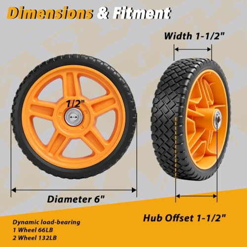 Lawn Mower Wheels, 6 inch Push Mower Plastic Wheels with Bolts & Nuts Fit Most Standard Lawn Mower Cart For Craftsman/Troy-Bilt, Garden Carts, Air Compressors and More, 2 Pack - size: 6 Inch
