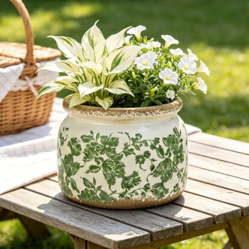 Handcrafted Vintage Crackle Glaze Ceramic Flower Pot 6.25 Inch with Drainage, Country Leaf Indoor Planter Dual-Use Decor Vase for Small Houseplants, Antique Garden Home Decor Housewarming Gift - color: Czh2, size: 6.25in