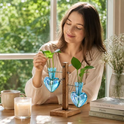 Nacome Plant Terrarium Propagation Stations: Blue Vase with Wooden Stand - color: Blue