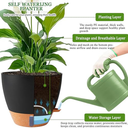 2 Pack 10 inch Plant Pots, Plastic Self Watering Planters - color: Black, size: 10 inch