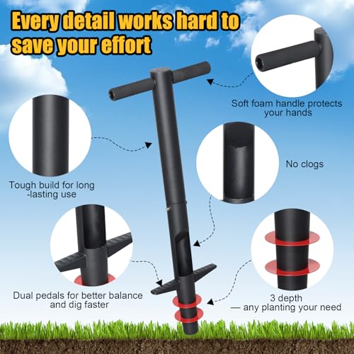Bulb Planter & Sod Plugger - 34" Long Handle Grass Plugger Tool for Lawn Repair, Heavy Duty Garden Hole Digger with Easy Plug Release for Zoysia Plugs, Bare Spots, Tulip Planting,Turf Transplanting - color: black