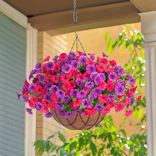 Artificial Fake Hanging Flowers with Basket for Outdoor Decor 12 Pcs UV Resistant Faux Silk Morning Glory Flowers Plants for Outdoor Outside Planters Home Porch Patio Balcony Spring Summer Décor - color: Rose Red&violet