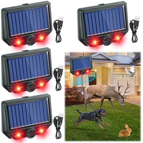 Qualirey 4 Pack Solar Ultrasonic Cat Repellent Outdoor Deer Repellent Devices with Strobe Flashing Light Waterproof Solar Animal Repeller Fox Deterrent for Wolves Dog Garden Yard