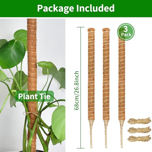 3 Pack 26.8'' Moss Pole for Monstera, Bendable Coco Coir Plant Support Stakes - size: 3 Pack（26.8-Inch）