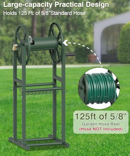 Freestanding Garden Hose Reel holds 125ft Hose of 5/8" with 4 Hooks, 4-Spike Outdoor Hose Holder with 3.9ft Leader Hose & Brass Fitting, Detachable Metal Hose Stand with Storage Rack, Green - color: Green
