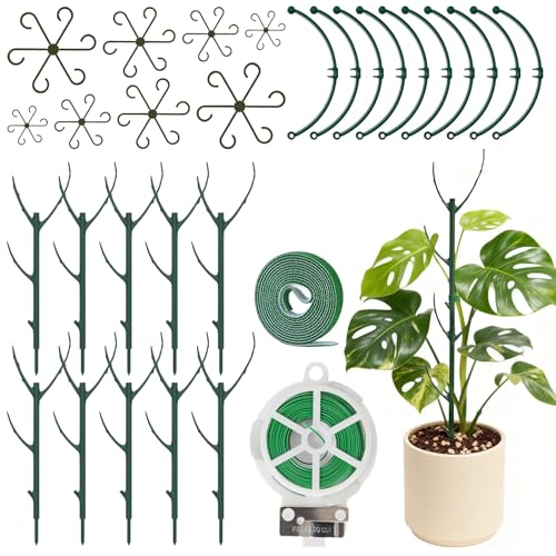 30Pcs Stackable Plant Support Stakes, Plant Stakes for Monstera Plant Stem Supports for Indoor Plants, Includes Garden Wire, Ties & Cutter for Pothos, Money Plant, Vines, Outdoors