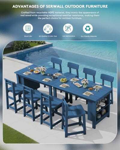 SERWALL 5-Piece Outdoor HDPE Counter-Height Bar Set with 4 Stools, Blue - color: Blue, size: 5 Piece Bar Set