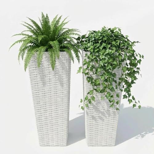 24 Inch Tall Outdoor Planters with Rattan Texture - Set of 2, Large Flower Pots for Patio, Garden, Indoor & Outdoor Use, with Removable Inner Pot & Drainage Holes - color: White, size: 24inch