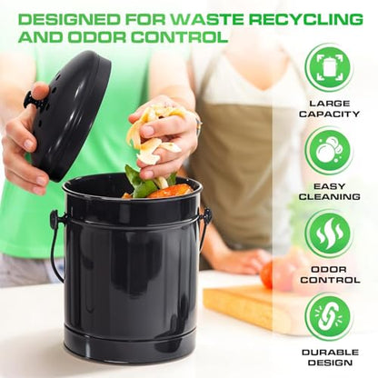 Plexon Black Metal Compost Bin with Airflow Lid and Charcoal Filter, 1.5 Gallon, Compost Pail for Kitchen Countertop