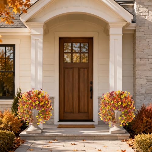 INQCMY Fall Artificial Fake Flowers for Outdoors Faux Mums UV Resistant - color: Orange,brown,yellow