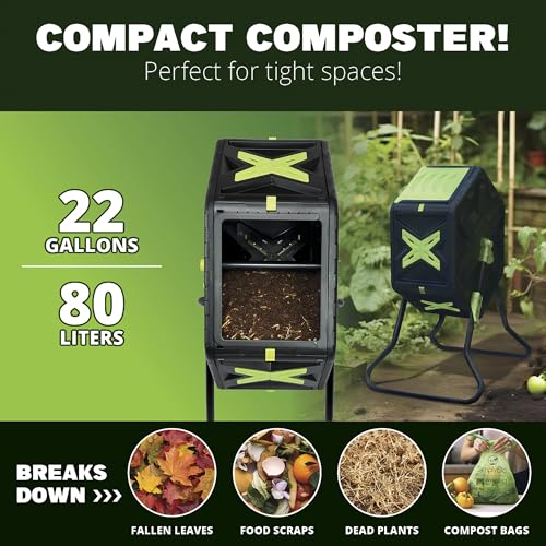 Simply Bio 21 Gallon Outdoor Compost Tumbler Bin – BPA-Free, Rotating Composting Bin for Garden, Yard, and Kitchen Waste, Fast Soil Creation, Weather-Resistant Outdoor Composter with Glove - size: 22-Gallon