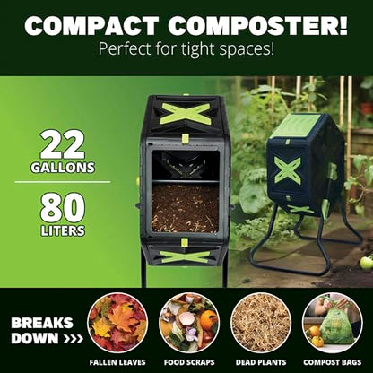 Simply Bio 21 Gallon Outdoor Compost Tumbler Bin – BPA-Free, Rotating Composting Bin for Garden, Yard, and Kitchen Waste, Fast Soil Creation, Weather-Resistant Outdoor Composter with Glove - size: 22-Gallon