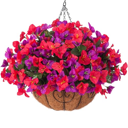 Artificial Hanging Flowers Plant with Basket for Outdoors Fall Decor, Fake Hanging Plants Silk Bougainvillea in Planter Look Real UV Resistant Faux Flower for Outside Porch Patio Garden Home, Mix - color: Red + Purple