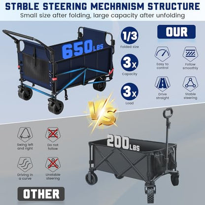 LEVELEVE Heavy Duty Folding Wagon - 2-in-1 Collapsible Cart, All-Terrain Wheels w/Brakes & Side Pockets (Blue,650lb Capacity) - color: Blue, size: Large