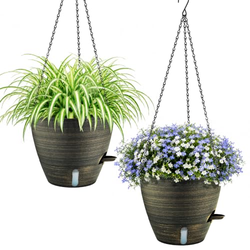 ZMTECH 10 Inch Self Watering Hanging Planters for Indoor Plants, Gold Bronze Hanging Baskets for Outdoor, Water Level Indicator & Removable Reservoir for Garden Porch Home Decor（2 Pack） - color: Gold Bronze-10"×2, size: 10 Inch - 2 Pack