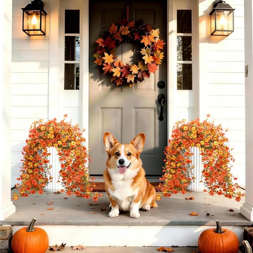 Hommyea Artificial Fake Fall Flowers Plants for Outdoors Mums Home Decor - color: Orange Sunset Red