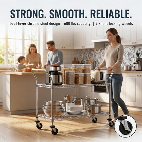 Finnhomy 2 Tier Commercial Grade Rolling Cart, Heavy Duty Utility Cart, Carts with Wheels and Handles, Kitchen Carts on Wheels, Metal Cart with 600 lbs Capacity, Shelf Size 23.6"Dx47.2"W x 39.4"H, NSF - size: 24"D x 48"W x 39.3"H