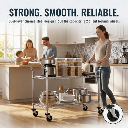 Finnhomy 2 Tier Commercial Grade Rolling Cart, Heavy Duty Utility Cart, Carts with Wheels and Handles, Kitchen Carts on Wheels, Metal Cart with 600 lbs Capacity, Shelf Size 23.6"Dx47.2"W x 39.4"H, NSF - size: 24"D x 48"W x 39.3"H