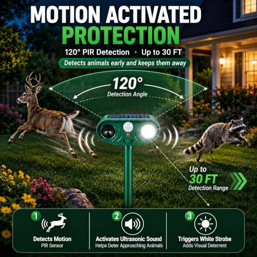 2 Pack Deer Repellent Devices, Solar Ultrasonic Animal Repeller Outdoor
