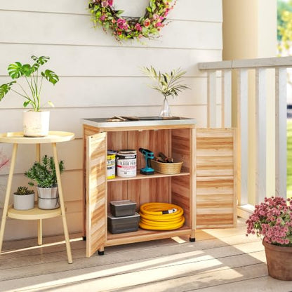 Outsunny Outdoor Storage Cabinet with Metal Tabletop Shelves Natural Wood - color: Natural Wood