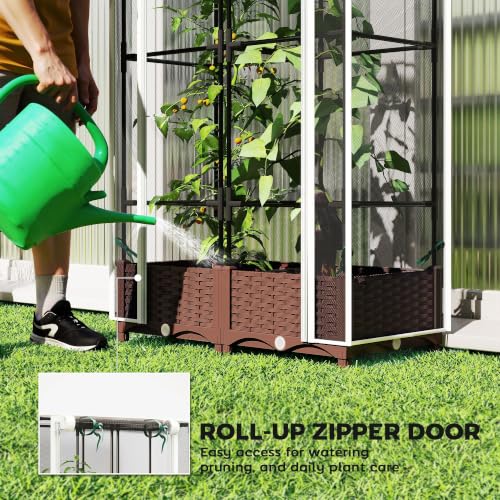Outsunny Raised Garden Bed with Trellis 46.5" Tomato Cage Crop Cage White