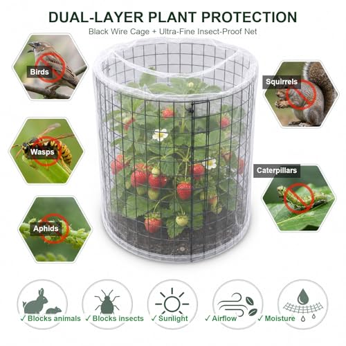 Plant Cages with Insect-Proof Netting, 10 Sets 30Pcs Wire Plant Protectors, 14" H x 13" D Cylinder Mesh Covers with Zip Ties & Ground Stakes, Animal Barrier for Rabbits Chickens Vegetables Flowers - color: 10 Pack With Netting