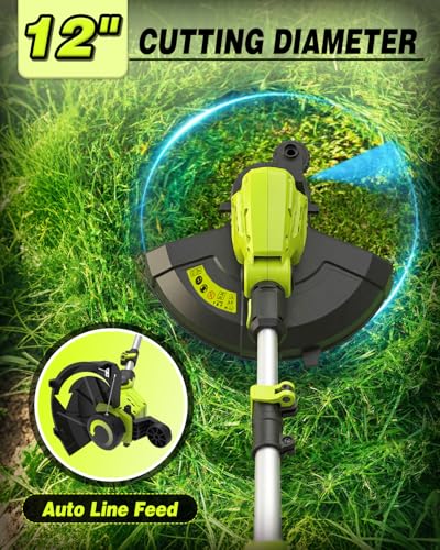 Saker Cordless Weed Wacker,3-in-1 Weed Cutter with Auto Line Feed, 12-in Cordless Lawn Mower Grass Trimmer&Edger Lawn&Mower Tool with 2 Batteries for Yard, Garden,Wireless Weed Eater with 2 Lines