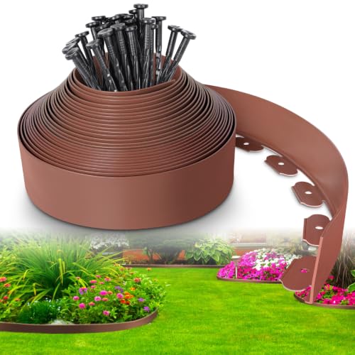 4-Inch x 33 FT Landscape Edging Border with 50 Spikes, Garden Edging Lawn Border Kit, Plastic Edging Border Flexible for Garden Flower Beds Lawn Yard Pathway (Brown) - color: Brown, size: 4 In x 33 FT