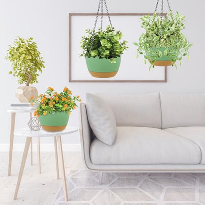LIYDE 3 Pack Hanging Planters, 8 Inch Small Hanging Pots Self Watering Hanging Planters for Indoor Plants with Drainage Holes and Removable Tray Hanging Basket (Green) - color: Green