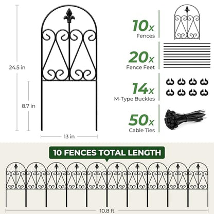 Decorative Garden Fence 24.5in x 10.8ft, 10 Pack Balck Metal Garden Fencing