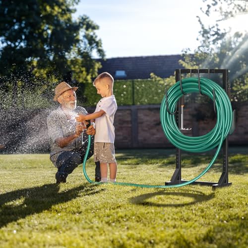 Winpull Garden Hose Holder, Metal Freestanding Hose Stand with 4 Spikes, Holds up to 150FT Hose, Sturdy Hose Reel Alternative, Heavy Duty Hose Storage for Outside Yard Lawn - color: Black-double