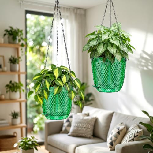 QCQHDU 5.7 Inch Small Hanging Planters for Indoor Outdoor Plants,Self Watering Flower Pots Hanging Basket Plant Hanger with Drainage Holes and 3 Hooks for Window Porch Garden Balcony, (Green) 2 Pack - color: Green, size: 5.7"+5.7"