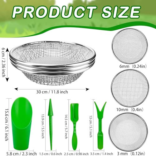 14 Pcs Soil Sifter for Gardening Stainless Steel Rock Sifter Including 3, 6, 10 mm Hole Puncher Planting Spoon Seedling Lifting Device Bucket to Catch Dirt Rocks Sawdust, 3 Sizes