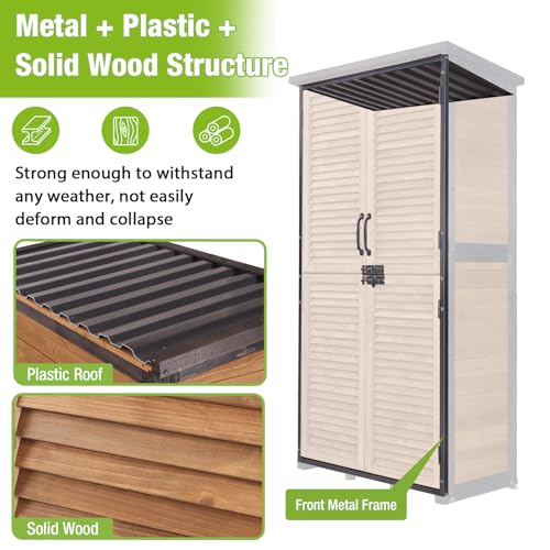 GUTINNEEN Outdoor Storage Cabinet Upgraded with Metal Frame Durable Storage Shed with Floor and Adjustable Shevels Waterproof Garden Tool Shed - color: Light Brown
