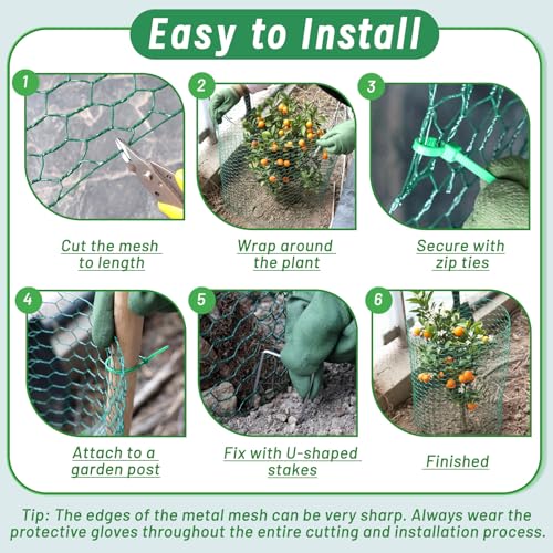 Plant Protectors from Animals, 16.4 x 16In Green PVC Coated Galvanized Chicken Wire Mesh Roll, 0.8mm Free-Cut Plant Cage with Ties, Stakes, Gloves, Pliers & Floral Wire (33Ft*23.6In(23.6X 394 Inch)) - size: 33Ft*23.6In