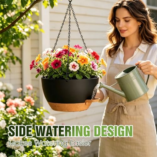 10 Inch Self-Watering Hanging Planters Set of 3 with Saucers - color: Black Brown, size: 10 Inch 3 Pack